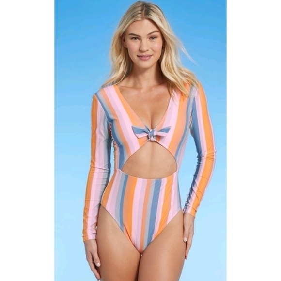 NWT Shade & Shore Multi Stripe Long Sleeve Knot-Front Cut Out One Piece - Picture 1 of 12